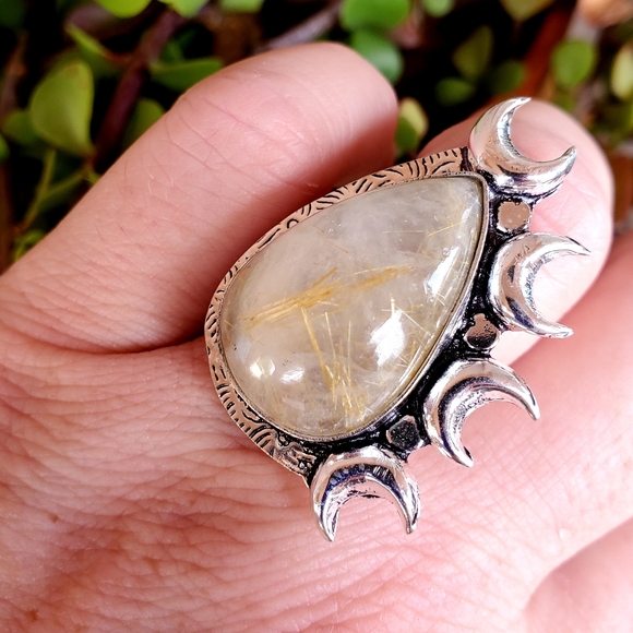 New Witchy Golden Rutile Multi Horned Crescent Moon 925 Silver Ring. - Picture 8 of 12